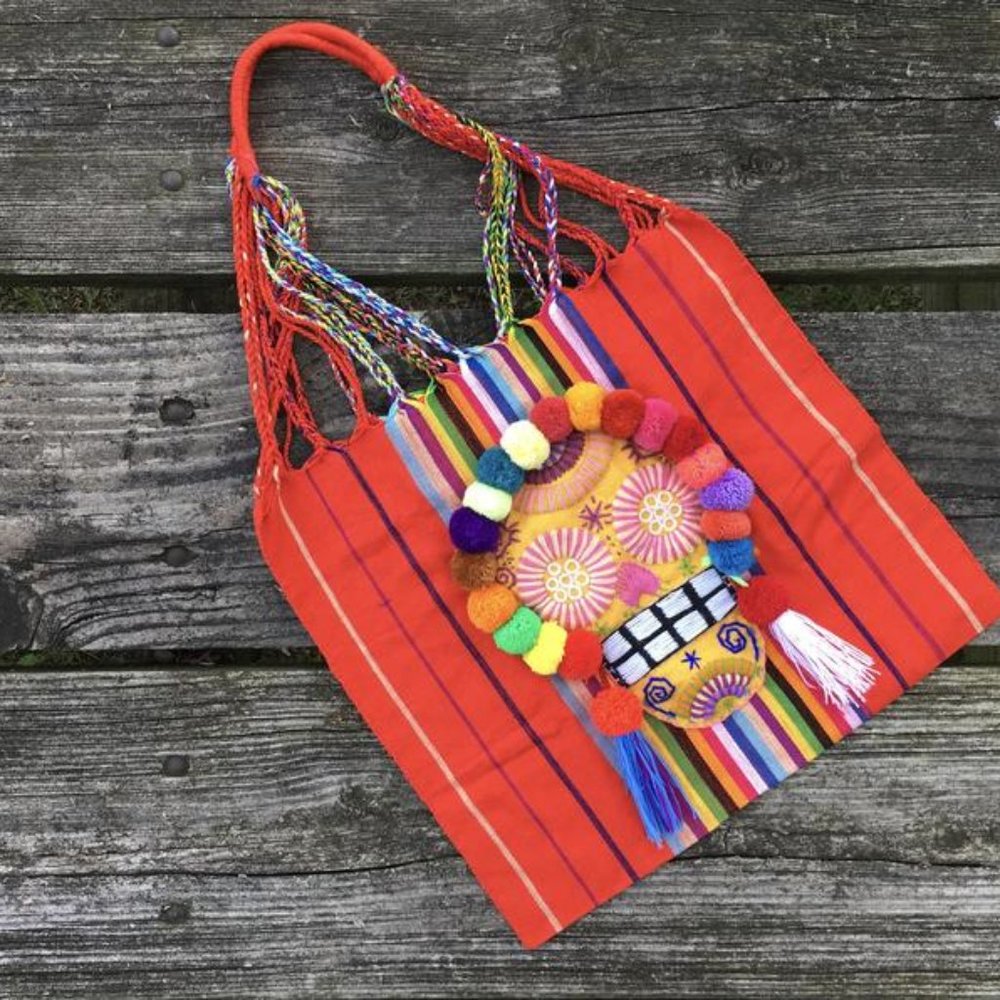 Handmade Embroidered Mexican Sugar Skull Tote Bag